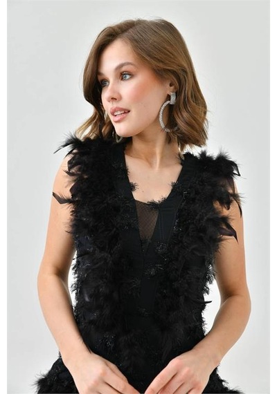 Dip Moda Kadın Tasarım Tül Abiye Elbise Dpnbswll08 Siyah