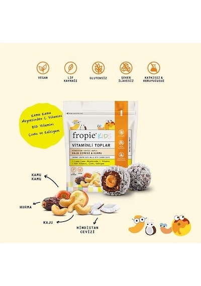Fropie Vitaminli Kids Meyve Topları Hindistan Cevizi Kaplı & Kaju Ezmeli 80 G