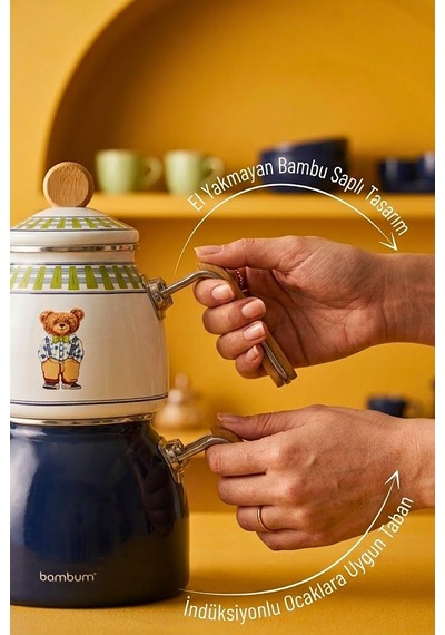 Bambum Unique - Bambu Kulplu Emaye Çaydanlık Takımı Teddy Lacivert