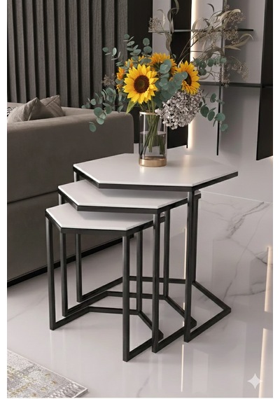Vatoz Altıgen Siyah Metal Beyaz Mdf Tablalı 3lü Zigon Sehpa Beyaz
