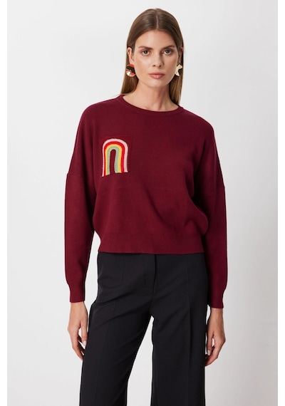 On Fashion Kadın Renkli Aksesuarlı Sıfır Yaka Bordo Kazak 63318 Bordo