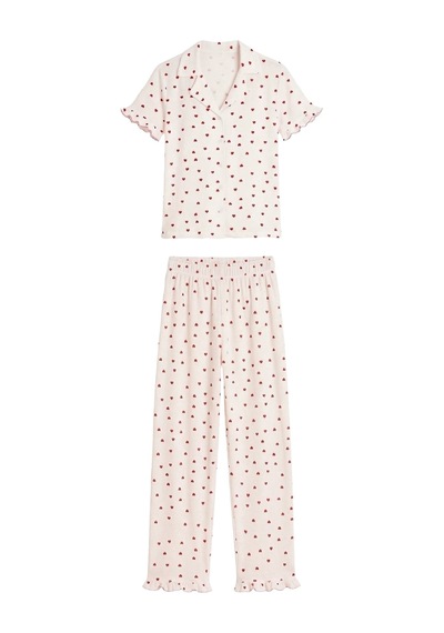 Cottonhill Krem Kalp Desenli Bürümcük Gömlek Yaka Kadın Pijama Takımı