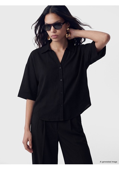 Lcw Vision Siyah Oversize Poplin Kadın Gömlek