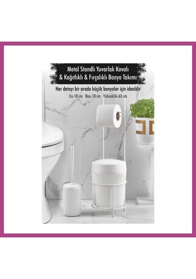 Gees Global Metal Standlı Yuvarlak Kovalı & Kağıtlıklı & Fırçalıklı Beyaz Banyo Takımı Gbzs