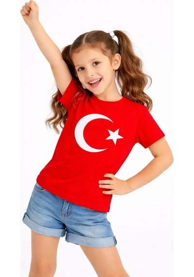 Mzpkartan Kız Çocuk Tişört Bisiklet Yaka Ay Yıldız Bayrak Baskılı T-shirt - Kırmızı