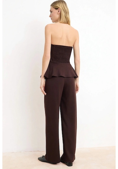 Benerly Kadın Straplez Peplum Detaylı Geniş Paça Uzun Örme Takım Soft Tou Kahverengi