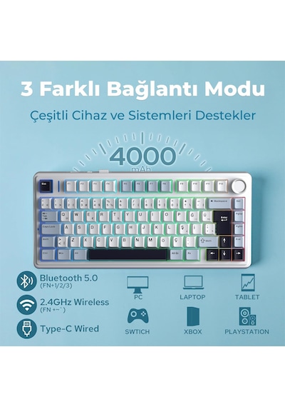 Aula F75 Mekanik Rgb Tkl Graywood V4 Switch Kablosuz Makrolu Hot Swap Türkçe Q Klavye Lacivert