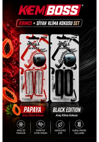 Kemboss Siyah Kırmızı Oto Klima Kokusu 2'li Set Papaya Black Edition Araç Kokusu Kırmızı - Siyah Set