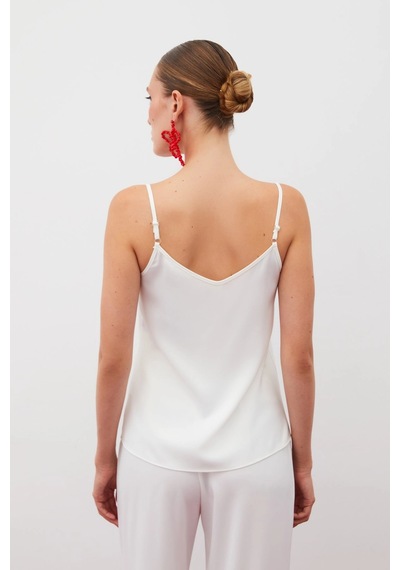 Sateen Askılı Degaje Yaka Bluz Beyaz