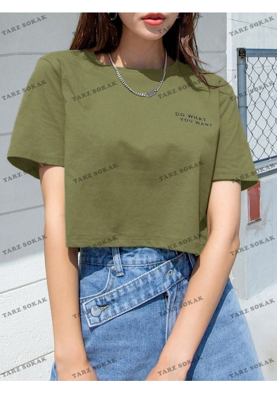 Flood Of Style Crop Ckod-232913 Dazy Sloganlı Yuvarlak Yaka Yeşil