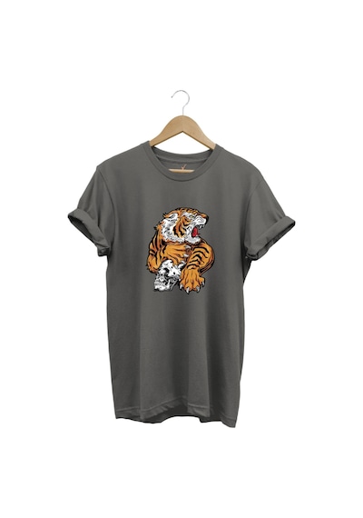 Vahşi Kaplan Tasarım Ve Kuru Kafa Baskılı %100 Pamuk Regular Fit Bisiklet Yaka Gri T-shirt Gri