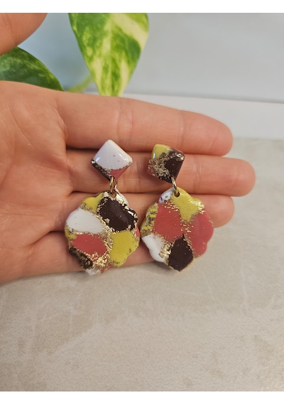 El Yapımı Polimer Kil Küpe - Paslanmaz Çelik Aparatlı Altın Varaklı Çok Renkli Çiçek Formlu Sallantılı Küpe Rose Gold