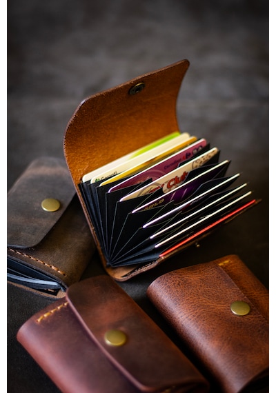 Hi Leather Nerio Hakiki Deri Kartlık El Yapımı Akordeon 10 Bölmeli, Kişiye Özel Camel