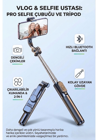 Tripod Standı Kablosuz Bluetooth Uzaktan Kumandalı Selfie Çubuğu Çubuğu