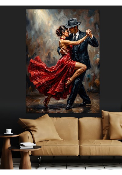 Romantik Kırmızı Elbiseli Tango Dansı Dekoratif Kanvas - Mdf Ahşap Tablo