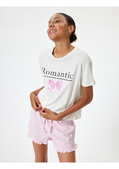 Koton Şortlu Pijama Takımı Fiyonk Baskılı Fırfır Detaylı Pembe 4slk40152mk Gül Koton Şortlu Pijama Takımı Fiyonk Baskılı Fırfır Detaylı Pembe 4slk40152mk Gül