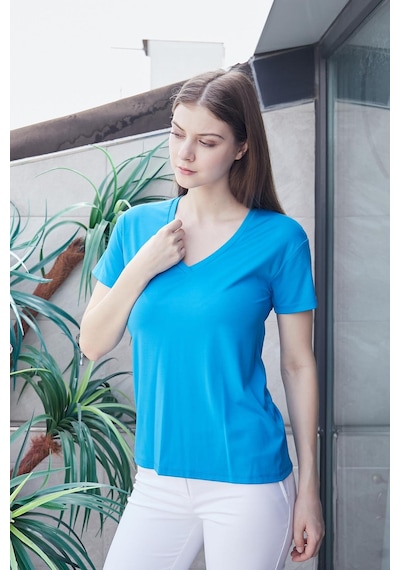 Jument Kadın V Yaka Kısa Kol Likralı Span Kumaş Şık T-shirt Bluz-mavi Mavi