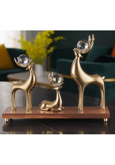 3 Lü Kristal Küreli Geyik Aksesuar &gold Boynuzlu Kristal Toplu Dekor Obje Gold
