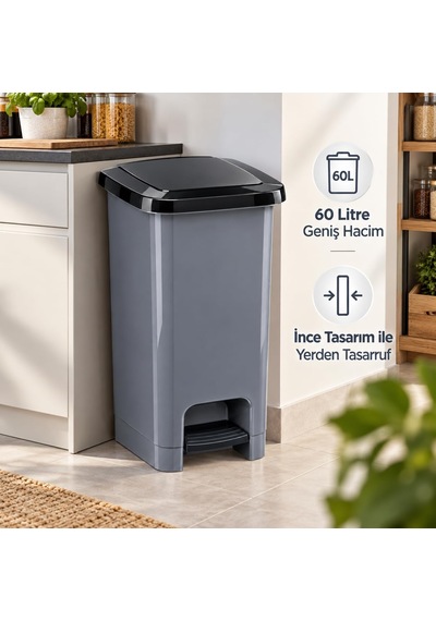 Tr 60 L Slim Pedallı Çöp Kovası, Dar Alanlara Uygun İnce Tasarım Çöp Kutusu, Kapaklı Plastik Atık Kovası, Mut