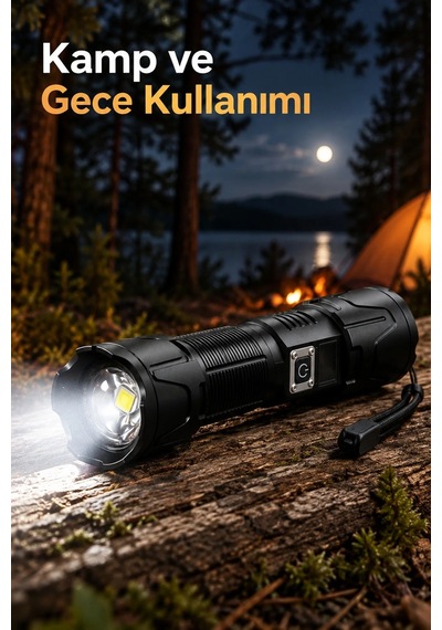 Lb Type C Şarjlı Kamp Feneri Zoomlu Lens Ve Batarya Seviye Göstergesi Çok Renkli