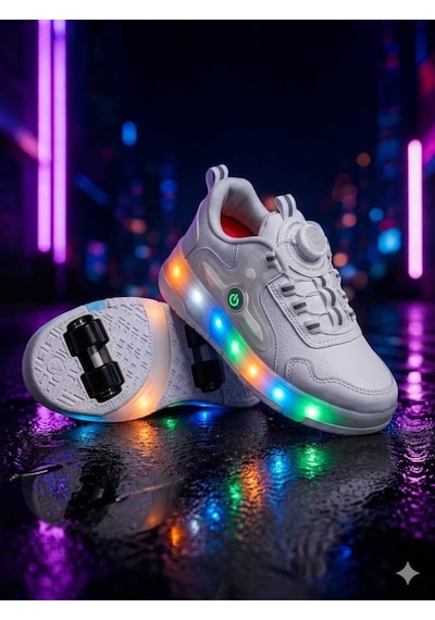 Elit Eyl034 Erkek Çocuk Rgb Led Işıklı Çıkarılabilir Tekerlekli Paten Ayakkabı Beyaz
