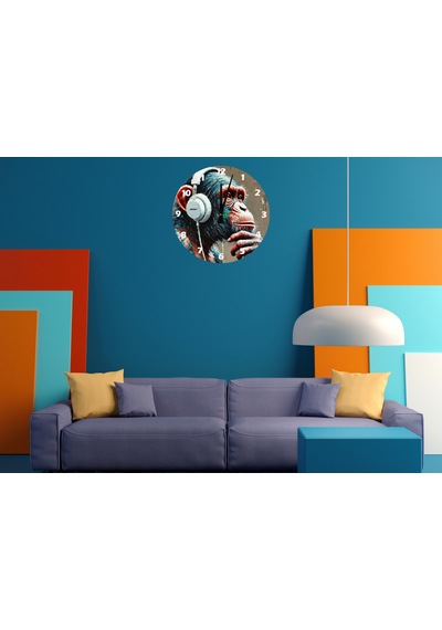 Ti-play Maymun Ve Müzik 30x30cm Akrilik Dekoratif Modern Duvar Saati ÇOk Renkli