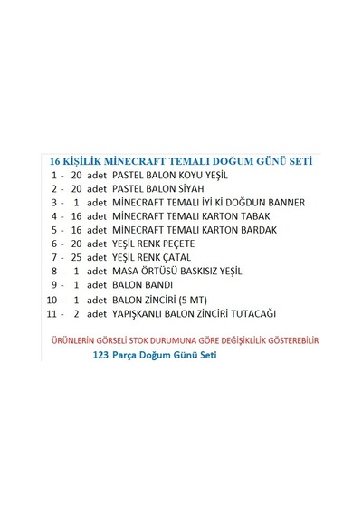 16 Kişilik Minecraft Temalı Doğum Günü Seti