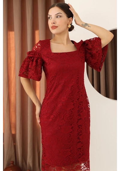Lodmela Kare Yaka Balon Kollu Dantel Elbise 6039-bordo Bordo