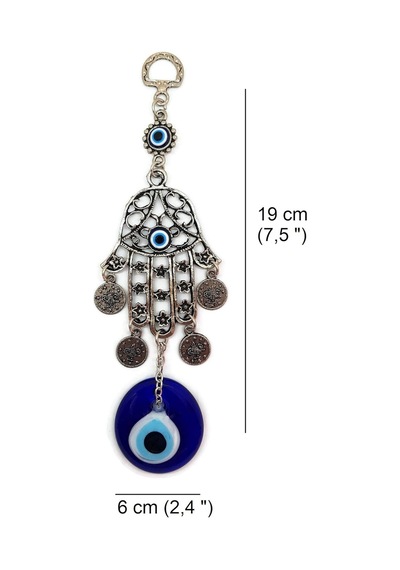 Fatma Eli - Hamsa Metal Duvar Süsü Cam Nazarlık Sallantılı 20x6cm