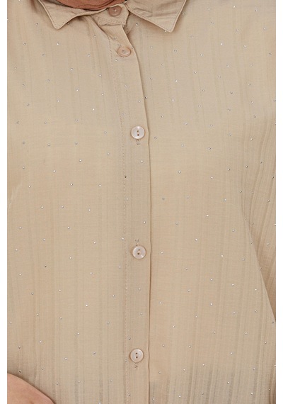 Sevitli Göğüsü Taş Detaylı Oversize Tunik-bej-5226 Bej