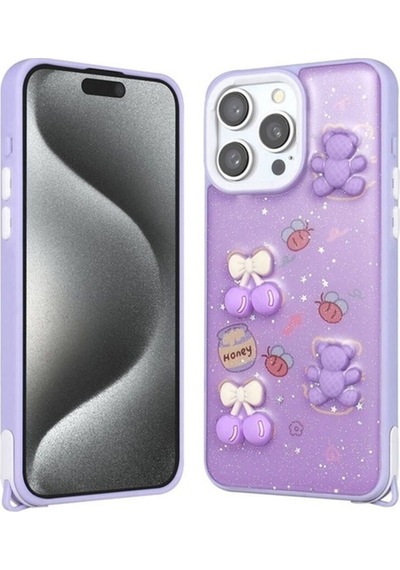 Apple Uyumlu iPhone 15 Pro Max Kılıf Parlayan Simli Kabartma Figürlü Zore Cevze Kapak Mor Ayı