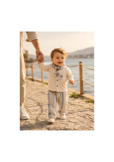 Omeca Concept Çizgili Pantolon Ve Fular Detaylı Ekru Erkek Bebek 3 Lü Takım mavi