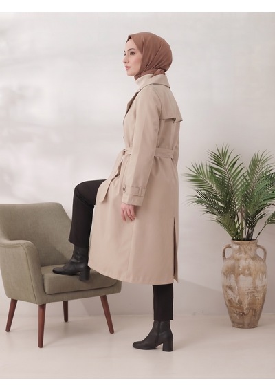 B.he.z Kruvaze Yaka Bondik Su İtici Kumaş Astarlı Trend Model Diz Altı Trençkot Taş