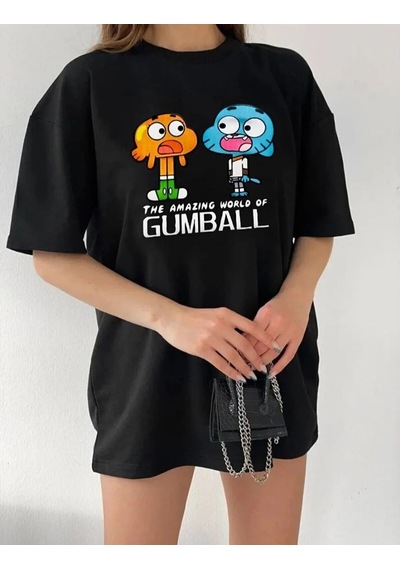 Kadın Kısa Kol Tişört Bisiklet Yaka Baskılı Oversize T-shirt - Siyah