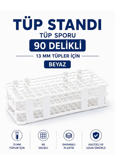 Tüp Standı - Laboratuvar Tüp Sporu - 90 Delikli- 13 Mm Tüpler İçin - Beyaz