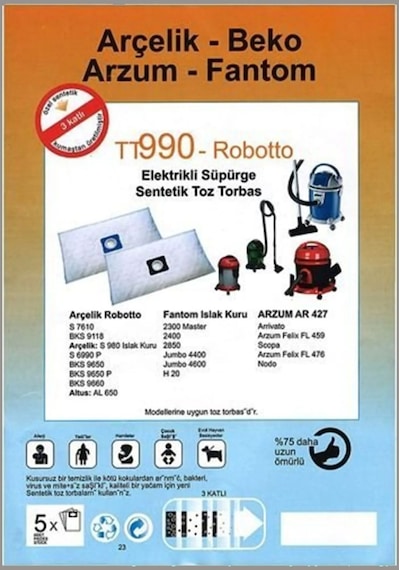 Arçelik Uyumlu S 7610 Robotto Süpürge Toz Torbası Bez 10 Adet