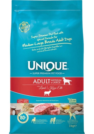 Unique Kuzu Etli Orta ve Büyük Irk Yetişkin Köpek Maması 3 KG