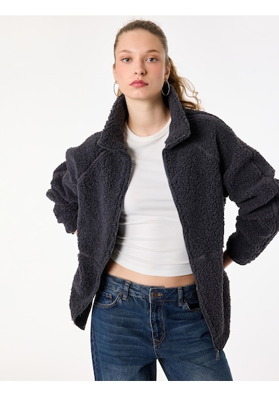 Koton Uzun Kollu Dik Yaka Cep Detaylı Fermuarlı Oversize Peluş Ceket Antrasit 6wmg60028ık
