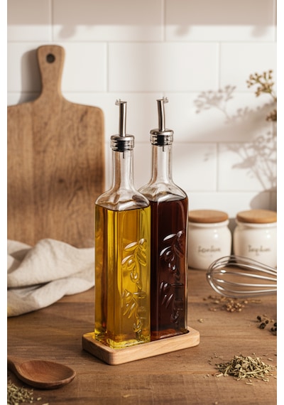 Snippy Safir - 2'li Ahşap Standlı Cam Zeytinyağı Sıvıyağ Şişesi Yağdanlık Damlatmaz Yağlık Sirkelik Soft 500ml Ahşap