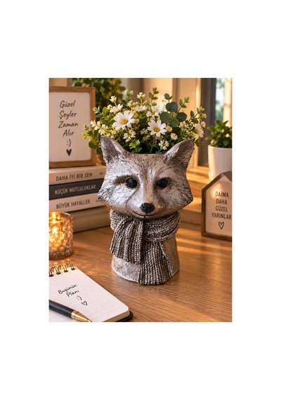 Dekoratif Tilki Figürlü Makyaj Fırçalığı Kalemlik Saksı Organizer Polyester 20x10 Cm Gümüş
