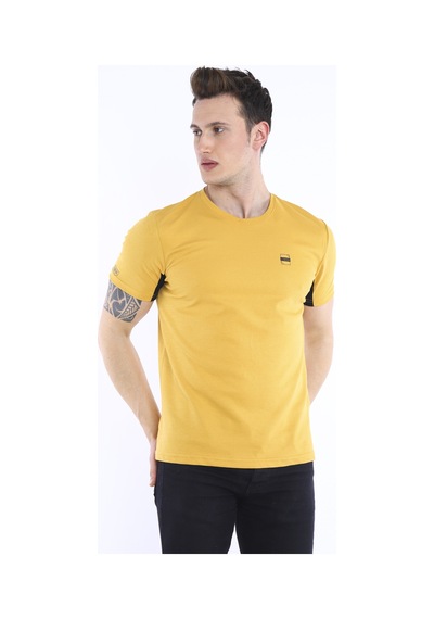 Escetic Erkek Hardal Erkek Slim Fit Pamuklu Kısa Kollu Bisiklet Yaka T-Sh