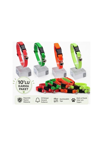 Toptan 10 Adet Karma Neon Renklerde Zilli Ayarlanabilir Kedi Boyun Tasması 22-30 Cm-21512