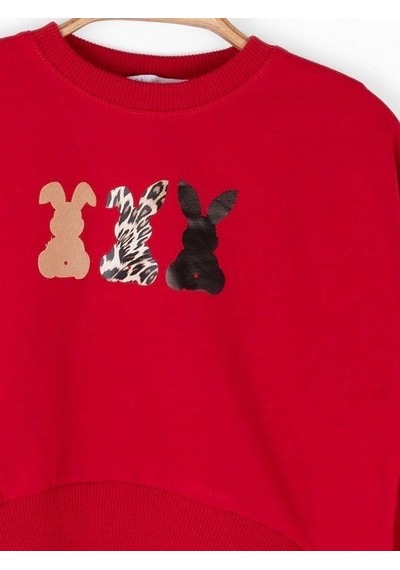 Kız Çocuk Pamuklu Orta Kalınlık Tavşan Baskılı Sweatshirt-14716 Kırmızı