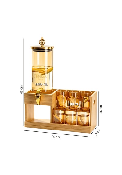 Amber Cam Sebil Seti 6 Bardaklı, Bambu Standlı Musluklu İçecek Dispenseri 1850 Ml