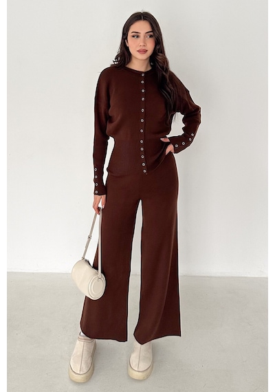 Kadın Bol Paça Triko Takım Knit Flow Kahverengi