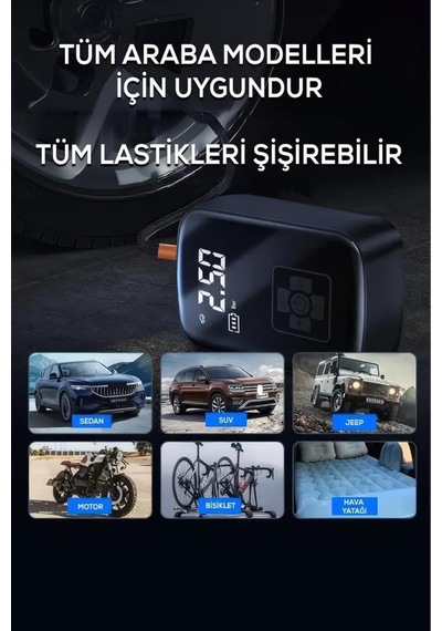 Taşınabilir 150 Psı 3600mah Kablosuz Şarjlı Dijital Hava Kompresörü Lastik Pompası