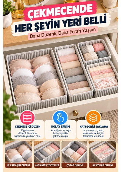 4'lü Çekmece İçi Organizer Seti Gri Çizgili Çorap İç Çamaşırı Dolap İçi Düzenleyici Saklama Kutusu