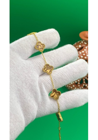 Gold Renk Yonca Desenli Çelik 316l Bileklik Kahverengi