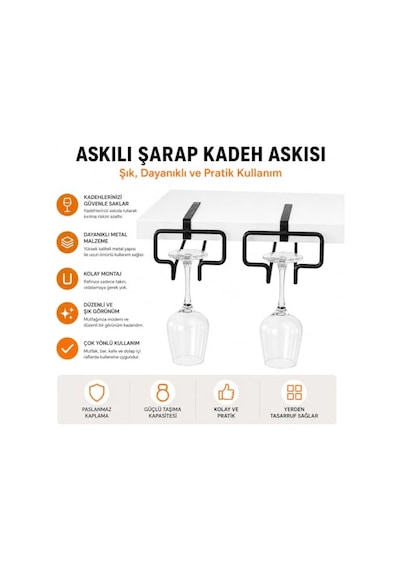Orret Home Kadeh Bardak Tutucu, Dolaba Sıkıştırmalı Metal Kadeh Askısı, Siyah Raf Altı Bardak Organizeri, Şarap Kadehi Düzenleyici, 2 Adet