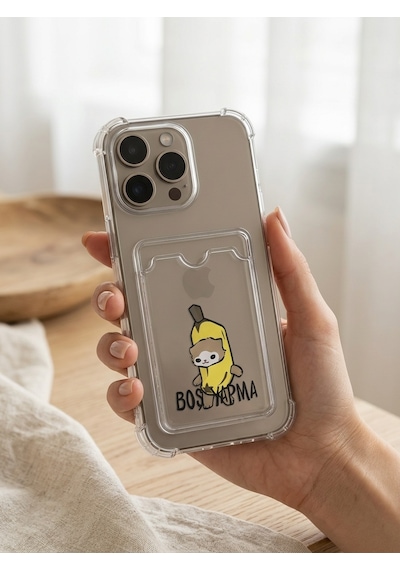 İphone 16 Pro Max Boş Yapma Muz Detaylı Kart Bölmeli Şeffaf Telefon Kılıfı Mh-hs2488-0418